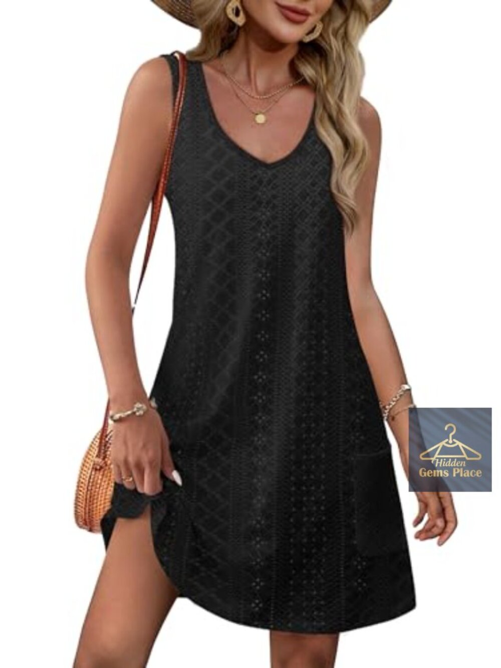 Womens Loose V Neck Sleeveless Sundress Swimsuit Coverup with Pockets